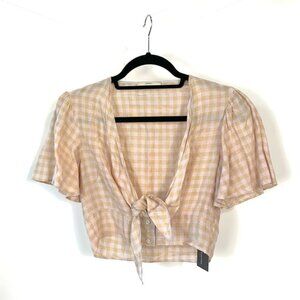 Sessùn Penrose Orange Gingham Linen Tie-Front Crop Top